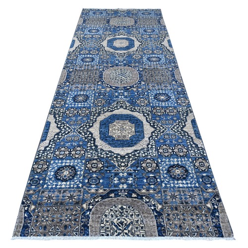 Medium Sapphire Blue, Hand Knotted Aryana Collection, Soft And Shiny Wool, Natural Dyes, Mamluk Design With Large Geometric Medallions, Wide Runner Oriental Rug