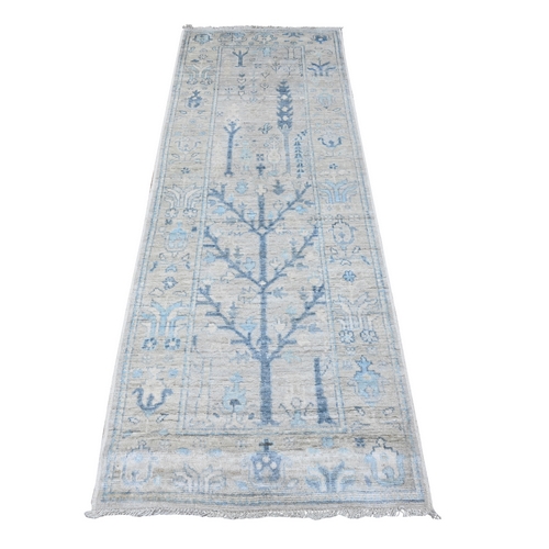 Bone Gray, Soft Pile With Wool Weft, Hand Knotted Angora Oushak, Vegetable Dyes With Willow And Cypress Tree Design, Oriental Runner 