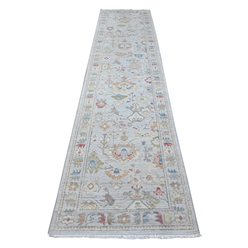 Misty Gray, Soft Wool Foundation, Hand Knotted, Afghan Angora Oushak, Natural Dyes, Rural Floral Motifs All Over Design, Runner Oriental 