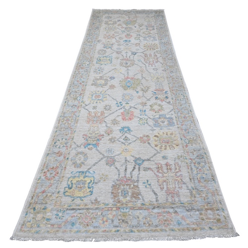 Stone Eagle Gray, Natural Dyes, Soft Wool Foundation, Hand Knotted With Vibrant Flower And Leaf Elements, Afghan Angora Oushak, Runner Wide Gallery Oriental Rug