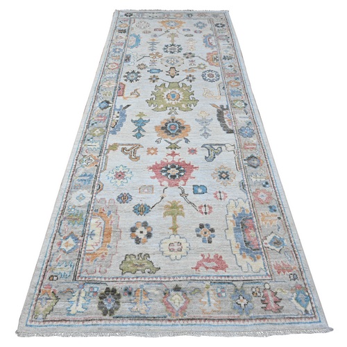 Beau Blue, Hand Knotted, Soft Pile, Wool Weft, Vivid Rural Elements All Over Design, Natural Dyes, Afghan Angora Oushak, Wide Gallery Runner Oriental Rug