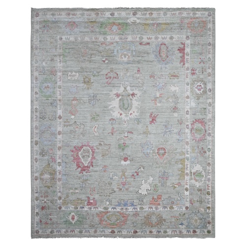 Laurel Green, Afghan Angora Oushak, Hand Knotted With Wool Weft, Soft Pile, Vegetable Dyes With Rural Flower And Leaf Design, Oriental Rug