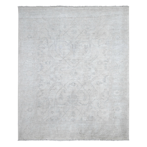 Smoke White, Hand Knotted, Wool Weft With Natural Dyes, All Over Village Motifs Design, Angora Oushak, Oriental Rug