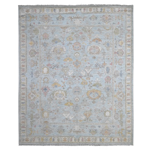 Arctic Blue, All Over Tribal Flower Medallions Design, Wool Weft, Natural Dyes, Hand Knotted Afghan Angora Oushak, Oriental Rug