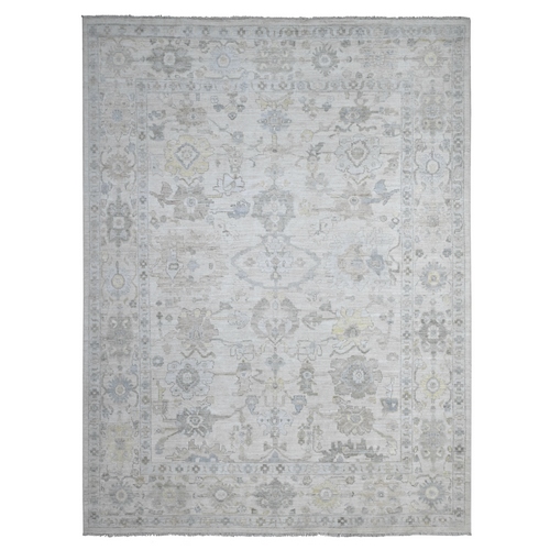 Spatial White, Hand Knotted Wool Weft, Vegetable Dyes, Tribal Medallions All Over Design, Afghan Angora Oushak, Oriental Rug