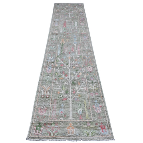 Hunter Green, Extra Soft Wool Weft, Hand Knotted, Vegetable Dyes With Vibrant Willow And Cypress Tree Design, Afghan Angora Oushak, Oriental Runner Rug