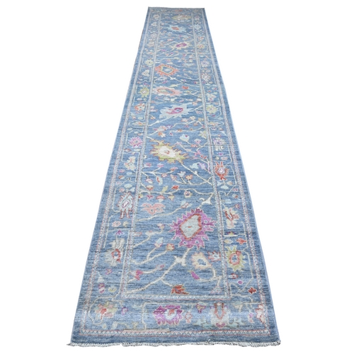 Pacific Blue, Hand Knotted Wool Foundation, Afghan Angora Oushak With Natural Dyes, Rural Medallions All Over Design, Runner Oriental Rug