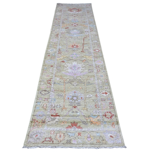 Asparagus Green, Wool Weft With Natural Dyes, Afghan Angora Oushak, Tribal Floral And Tree Pattern All Over, Hand Knotted, Runner Oriental 