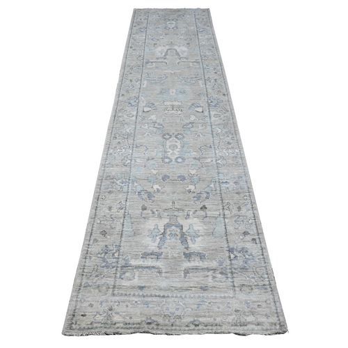 Medium Gray, Vegetable Dyes With Tribal Floral Elements All Over, Wool Foundation, Afghan Angora Oushak, Hand Knotted, Runner Oriental 