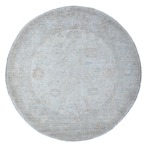 Jazz White, Washed Out Peshawar, Hand Knotted 100% Wool Ziegler Mahal Design, Round Oriental Rug