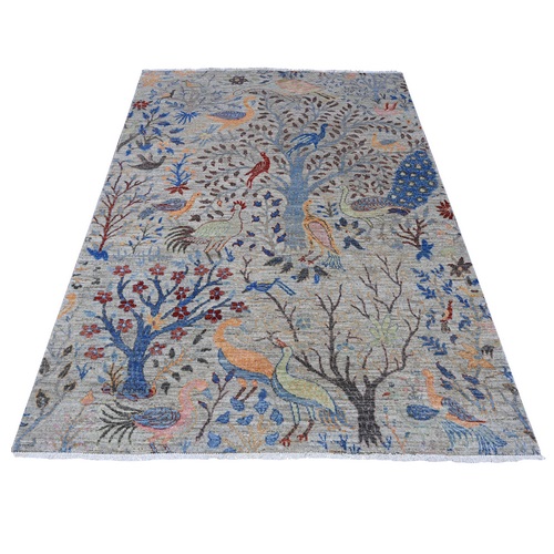 Koala Gray, Natural Dyes Extra Soft Wool, Hand Knotted Afghan Peshawar with Birds of Paradise, Oriental Rug