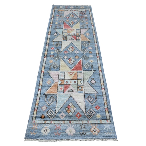 Beau Blue, Soft And Shiny Wool, Hand Knotted, Anatolian Village Inspired Design, Vegetable Dyes, Tribal Medallions, Narrow Border, Runner Oriental Rug