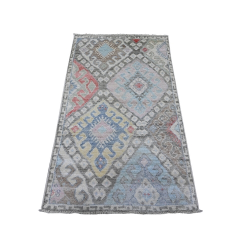 Dolphin Gray, Natural Dyes, Hand Knotted Extra Soft Wool, Anatolian Village Inspired Large Motifs All Over Design, Runner Oriental Rug
