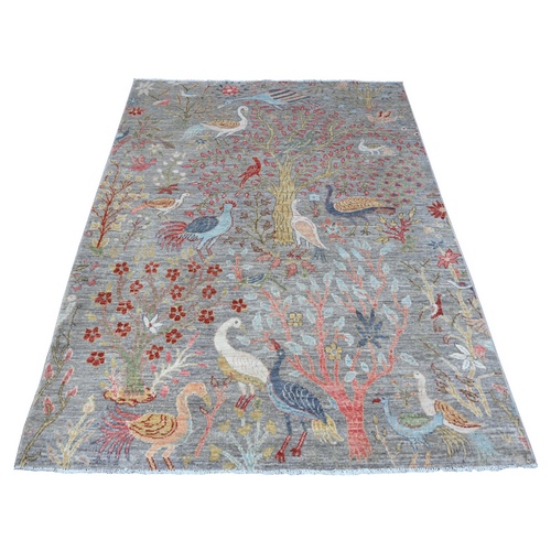 Rustic Gray, Afghan Peshawar, Birds of Paradise Design, Tree of Life, Abrash, Pure Wool, Hand Knotted, Natural Dyes Oriental Rug