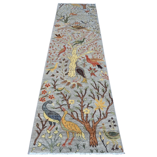 Pewter Gray, Borderless Birds of Paradise Design, Tree of Life Hand Knotted Afghan Peshawar Pure Wool, Vegetable Dyes, Runner Oriental 