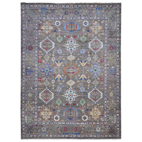 Pewter Gray, Shiny Wool, Soft Pile, Hand Knotted Vegetable Dyes, Karajeh All Over Geometric Design, Oriental Rug