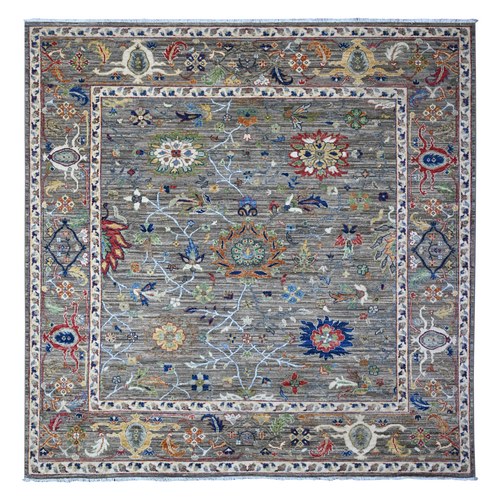 Stargazer Gray, Fine Aryana With Ziegler Mahal All Over Colorful Floral Design, Hand Knotted Soft and Vibrant Wool, Vegetable Dyes, Oriental Square Rug