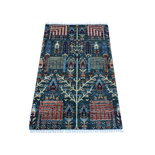 Deep Jungle Green, Fine Aryana Collection, Hand Knotted Vegetable Dyes, Colorful Willow and Cypress Tree Design, Natural Wool, Mat Oriental Rug