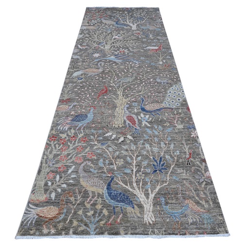 Storm Gray, Vegetable Dyes 100% Wool, Hand Knotted Afghan Peshawar with Birds of Paradise, Wide Runner Oriental Rug