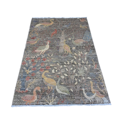 Cannonball Gray, Abrash, Birds of Paradise Design Soft Wool, Natural Dyes, Afghan Peshawar, Hand Knotted Oriental Rug