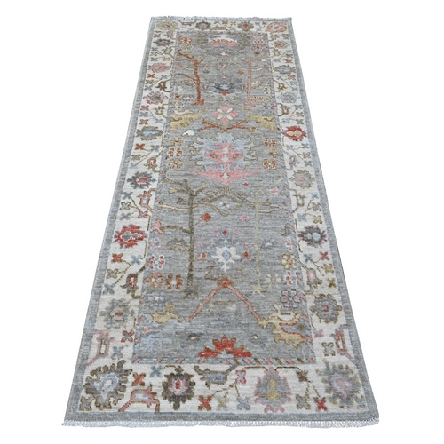 Spanish Gray, Vegetable Dyes With Soft Wool Weft, Hand Knotted Angora Oushak, Vibrant And Colorful Rural All Over Motifs Design, Afghan Runner Oriental 