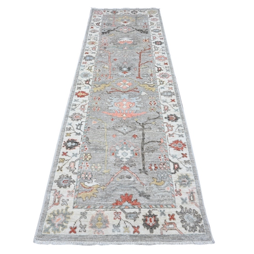 Vintage Gray, Hand Knotted, Wool Weft With Natural Dyes, All Over Colorful Flower And Tree Design, Afghan Angora Oushak, Oriental Runner 