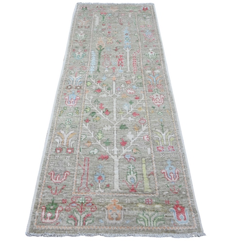 Camouflage Green, Runner Angora Oushak, Wool Foundation, Hand Knotted, Willow And Cypress Tree Design, Vegetable Dyes, Oriental Rug