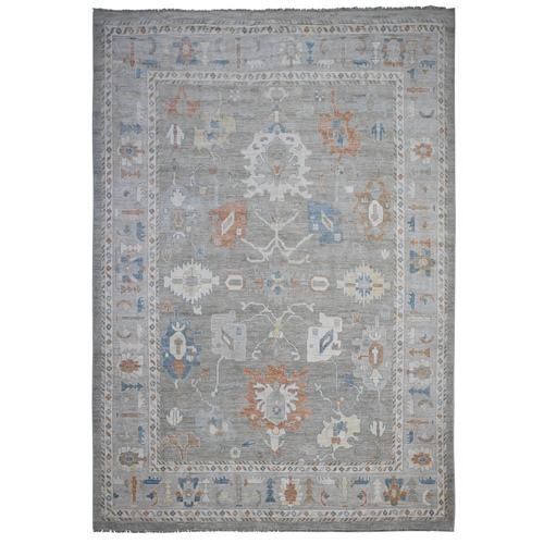 Neutral Gray, Hand Knotted Tribal Flower All Over Design, Afghan Angora Oushak, Natural Dyes, Wool Weft, Oriental 