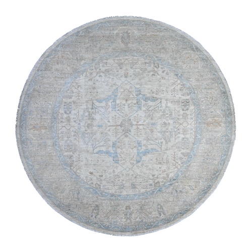 Olympus White, Velvety Wool, Peshawar Mahal Design, Hand Knotted Washed Out Round Fine Oriental Rug