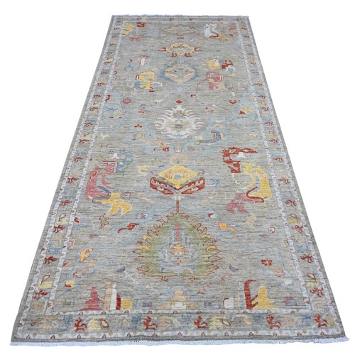 Concrete Silver, All Natural Wool, Hand Knotted Fine Aryana With All Over Geometric Leaf Design, Vegetable Dyes Peshawar, Wide Runner Oriental Rug