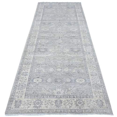 Misty Gray, Densely Woven, Soft And Velvety Wool, Hand Knotted, Vegetable Dyes, Fine Peshawar with Ziegler Mahal Design, Wide Runner Oriental Rug