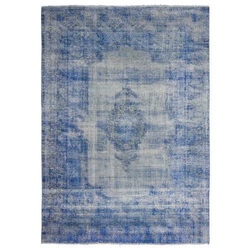 Chelsea Blue, Distressed Look, Worn Pile, Open Field Design, Velvety Wool, Sides Secured, Hand Knotted Vintage Persian Kerman, Overdyed, Cropped Thin, Oriental 