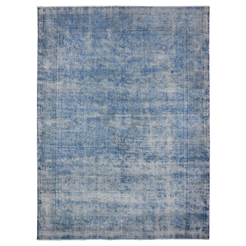 Lowes Blue, Hand Knotted, Worn Pile, Pure Wool, Erased Design, Sheared Down, Sides And Ends Secured Professionally, Cleaned Vintage Persian Kerman, Oriental 