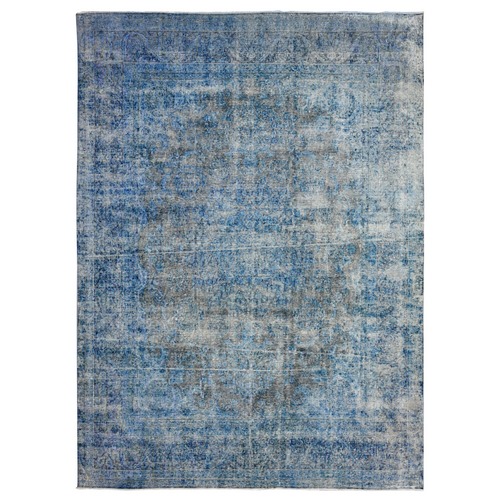 Bayern Blue, Sheared Low Organic Wool, Hand Knotted, Overdyed Vintage Persian Kerman, Worn Pile, Sides Secured Professionally, Erased Design, Oriental 