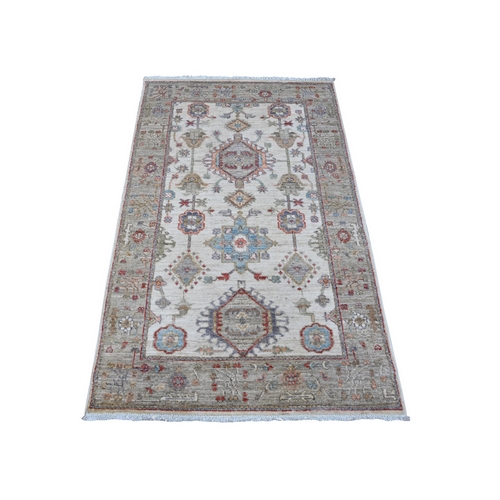Snowbound White, Karajeh Design With All Over Geometric Motifs, Hand Knotted, Vegetable Dyes, All Wool, Oriental Rug