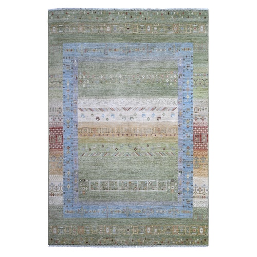 Basil Green With Carolina Blue Border, 100% Wool, Fine Kashkuli Gabbeh Collection, Hand Knotted, Vegetable Dyes, Small Animals Figurines, Oriental Rug