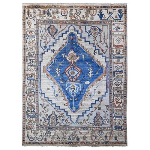 Chrome Gray, Hand Knotted, Turkish Village Motifs, Large Serrated Central Medallion, Natural Dyes, Soft and Shiny Wool, Oriental Rug