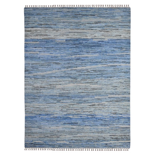 Gainsboro Gray, Hand Knotted Natural Dyes, Moroccan With Shades Of Blue, Modern Influenced Line Design and Embossed Pile, All Wool, Oriental Rug
