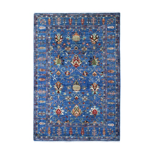 Cerulean Blue, Hand Knotted Vegetable Dyes Afghan Sultani Pomegranate Design, Densely Woven, Natural Wool, Oriental Rug