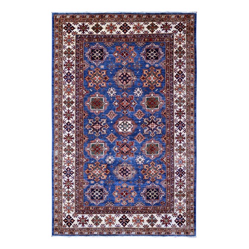 Cobalt Blue With Ivory Border, Hand Knotted Vegetable Dyes Pure Wool, Afghan All Over Tribal Motifs Super Kazak Oriental Rug
