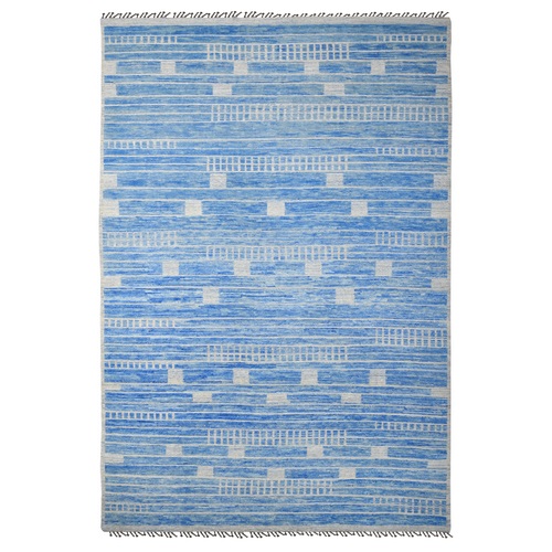 Bright Sky Blue, Hand Knotted, Vegetable Dyes, 100% Wool, Chiadma Inspired Moroccan Weave All Over Brick Pattern, Oriental Rug
