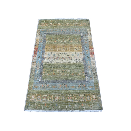 Russian Green, Hand Knotted Soft and Shiny Wool, Vegetable Dyes, Fine Kashkuli Gabbeh With Small Animals Figurines, Oriental Rug