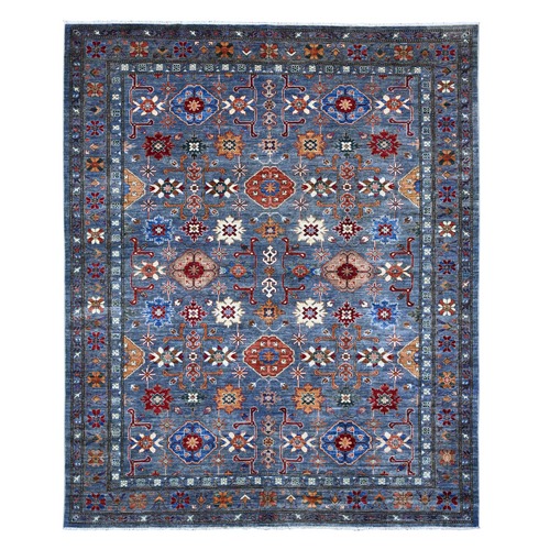 Harbor Gray, Afghan Hand Knotted Super Kazak All Over Pattern, Extra Soft Wool, Vegetable Dyes Oriental Rug