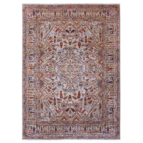 Rhinoceros Gray, Turkish Knot Geometric Design With Central Medallion, Hand Knotted Small Animals and Birds Figurines, Vibrant Wool, Oriental Rug