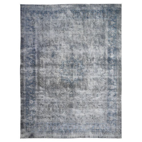 Vintage Gray, Cropped Thin, Erased Medallions, Hand Knotted, All Wool Pile, Overdyed, Distressed And Worn Look, Vintage Persian Kerman, Clean And Soft, Oriental 