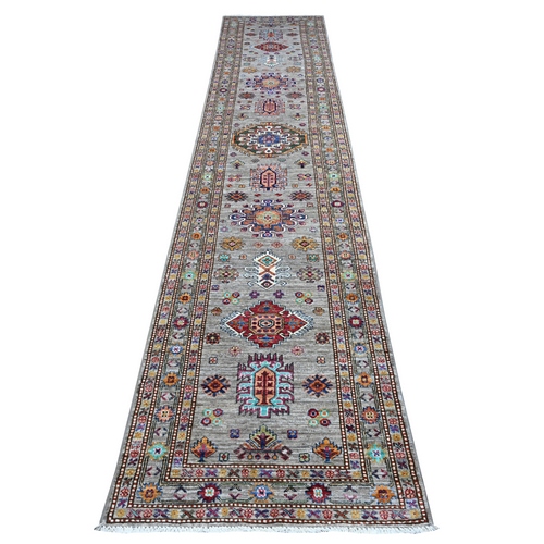 Flagstone Gray, Hand Knotted Vibrant Wool, All Over Colorful Medallions, Afghan Super Kazak Vegetable Dyes, Runner Oriental Rug