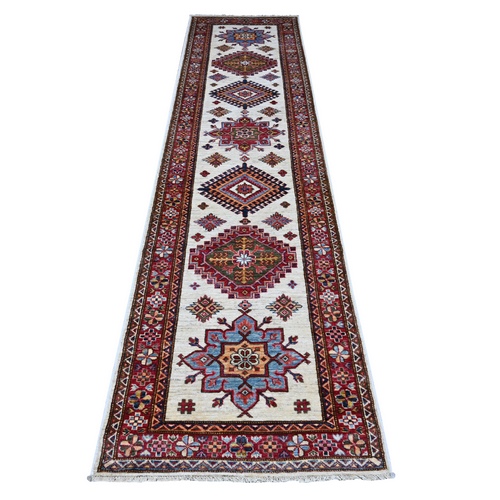 Egg White and Ruby Red, Hand Knotted 100% Wool, Afghan Super Kazak All Over Large Motifs, Natural Dyes, Runner Oriental Rug