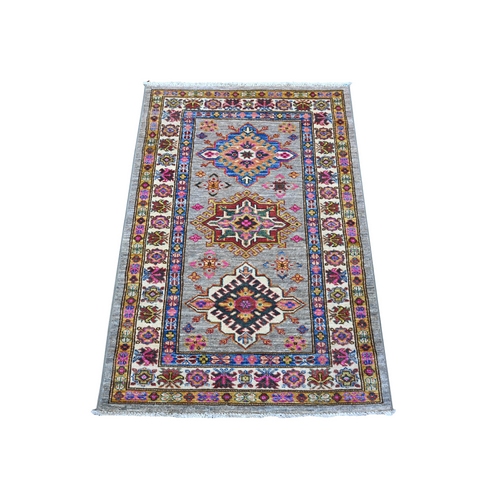 Pigeon Gray, Pop Of Colors, Large Triple Medallions, Hand Knotted, Natural Dyes, All Wool, Afghan Super Kazak Mat Oriental Rug