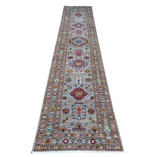 Rocky Gray, Hand Knotted Colorful Afghan Super Kazak All Over Geometric Design, Natural Dyes, 100% Wool Runner Oriental Rug