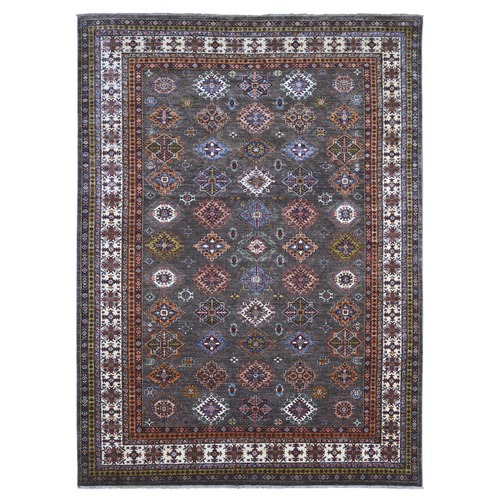 Gray Shingle and Dove White, Afghan Super Kazak Hand Knotted All Over Tribal Medallions, Natural Dyes, Organic Wool Oriental Rug
